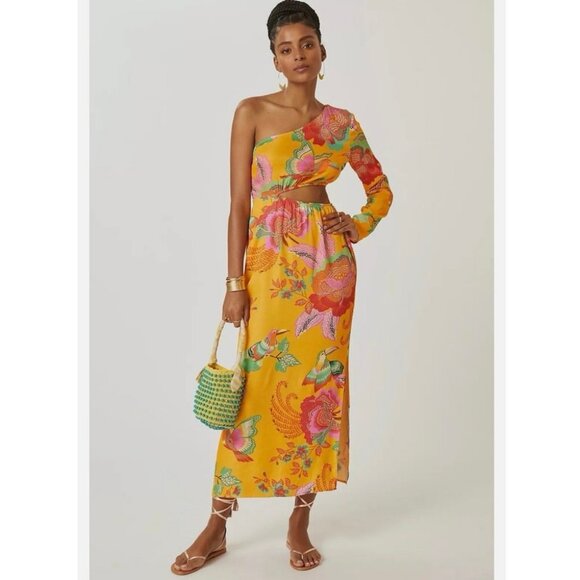 NWOT Anthropologie x Farm Rio Single Shoulder Cutout Maxi Dress S Yellow Floral - Picture 1 of 10